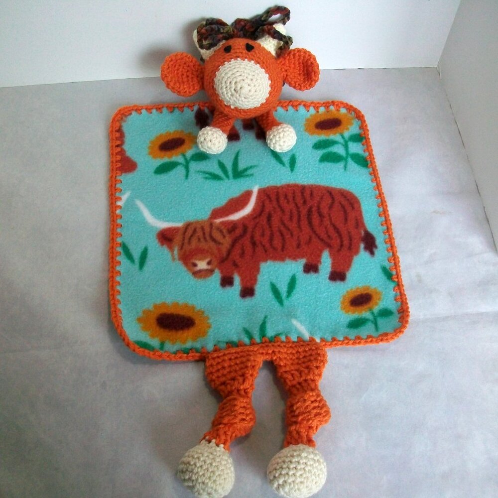 Handmade Crochet Amigurumi Hyland Cow Fleece Blanket Lovey Snuggler Stuffed Toy